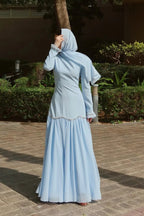 Elegant Peplum Maxi Dress with Crystal Scalloped Trim-Blue