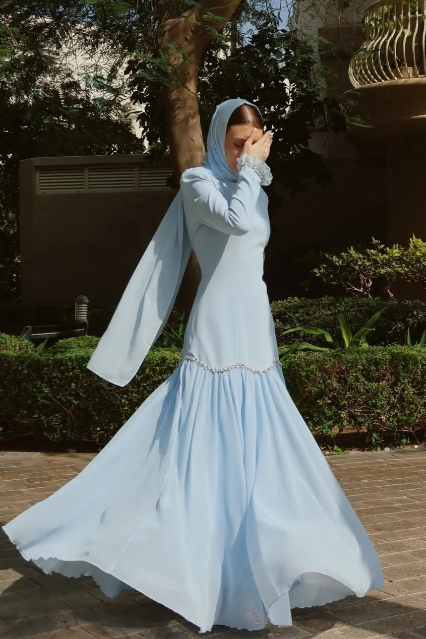 Elegant Peplum Maxi Dress with Crystal Scalloped Trim-Blue