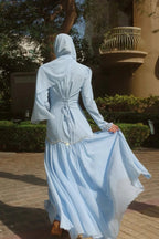 Elegant Peplum Maxi Dress with Crystal Scalloped Trim-Blue