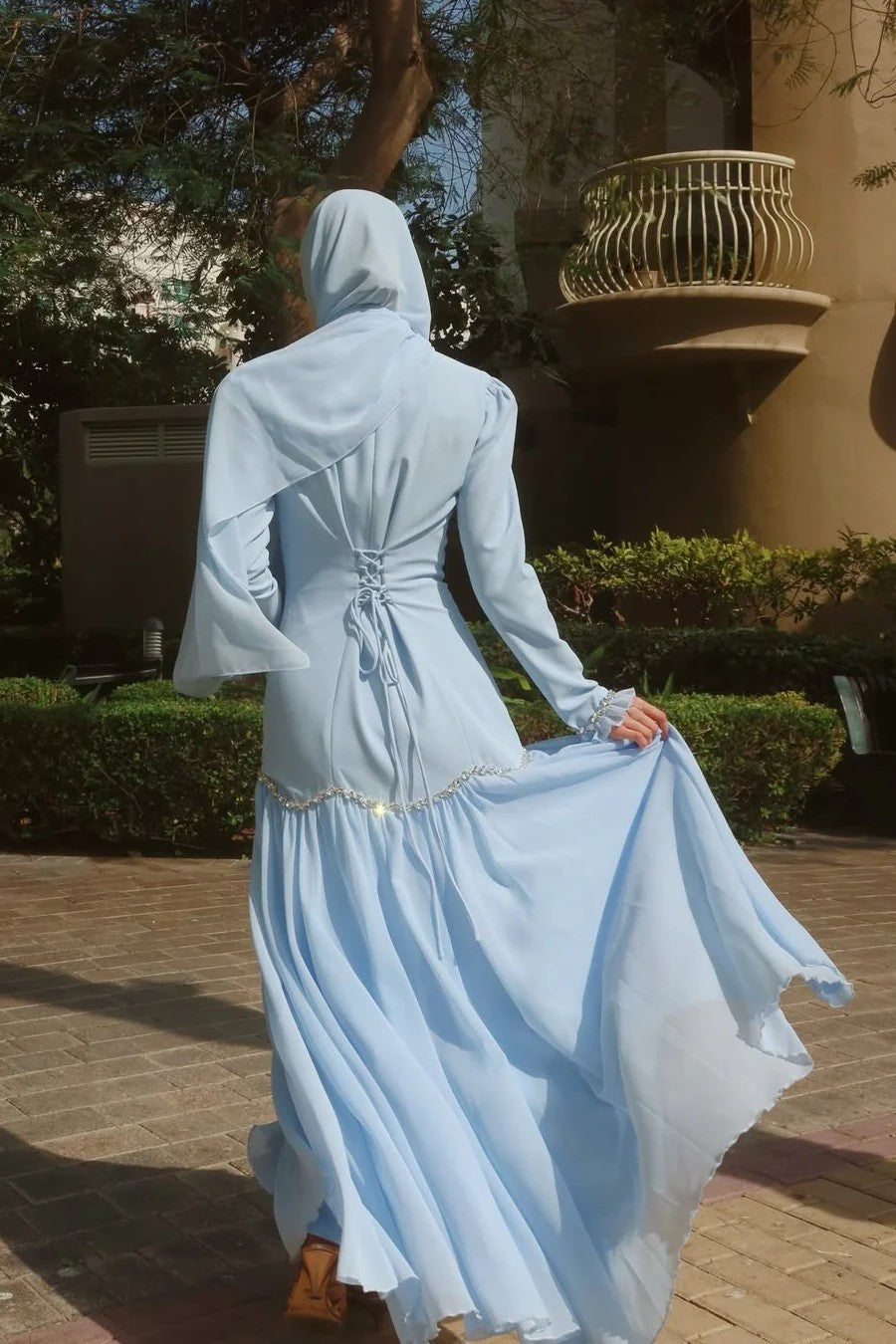 Elegant Peplum Maxi Dress with Crystal Scalloped Trim-Blue