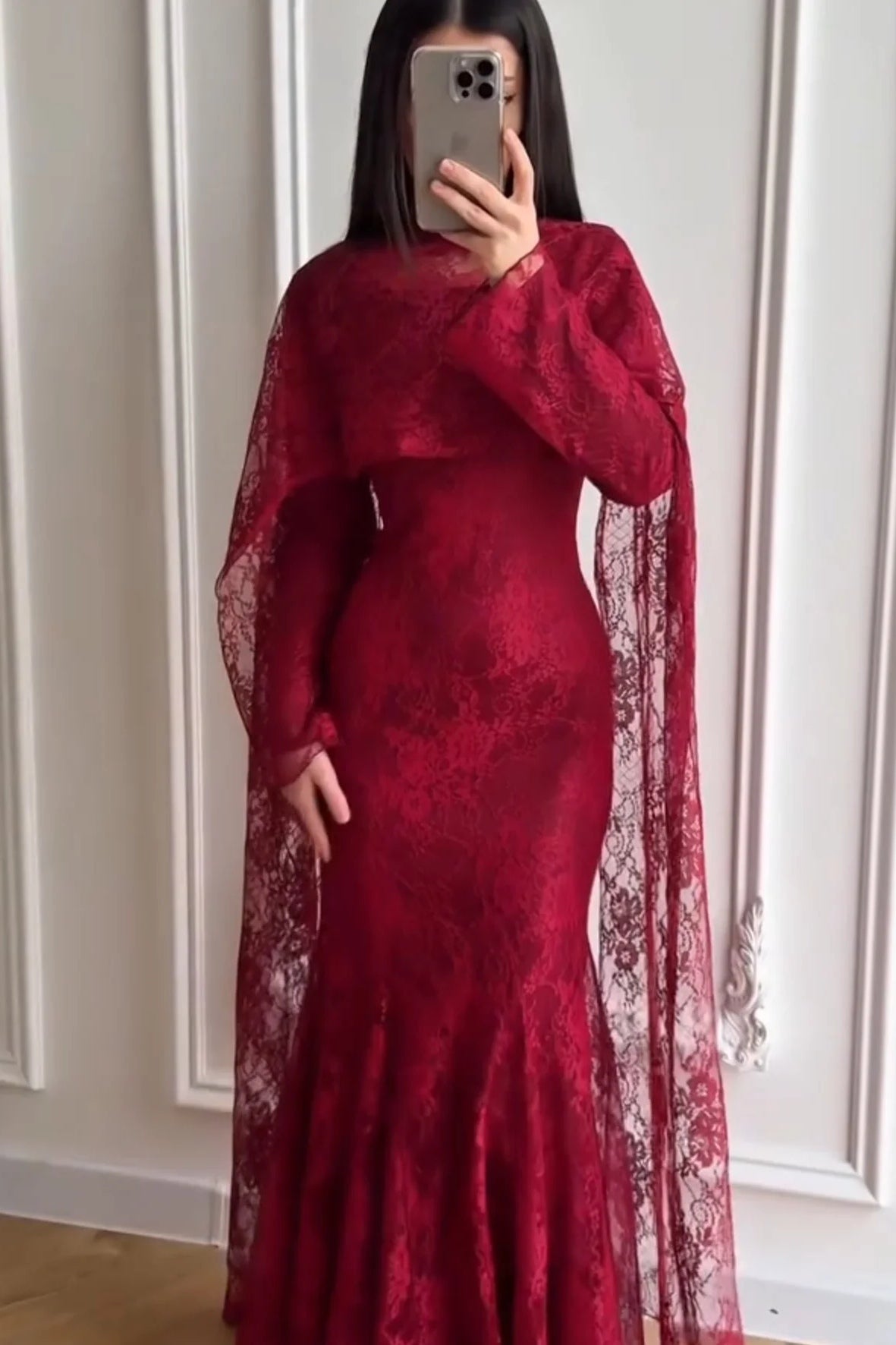 Lila Cape Sleeve Lace Mermaid Maxi Dress-Red