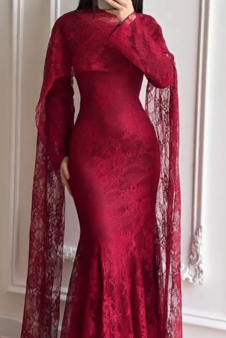 Lila Cape Sleeve Lace Mermaid Maxi Dress-Red