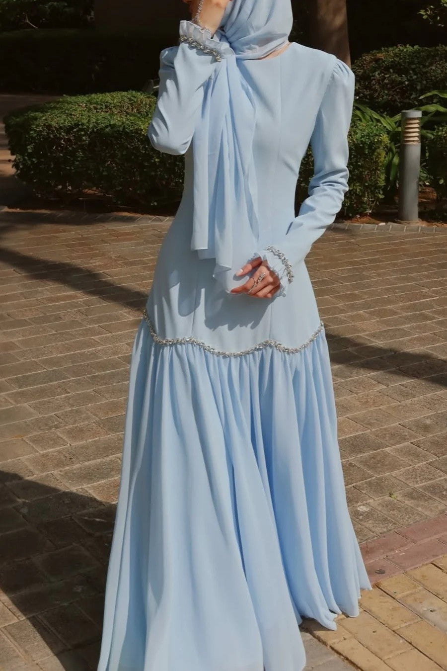 Elegant Peplum Maxi Dress with Crystal Scalloped Trim-Blue