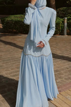 Elegant Peplum Maxi Dress with Crystal Scalloped Trim-Blue