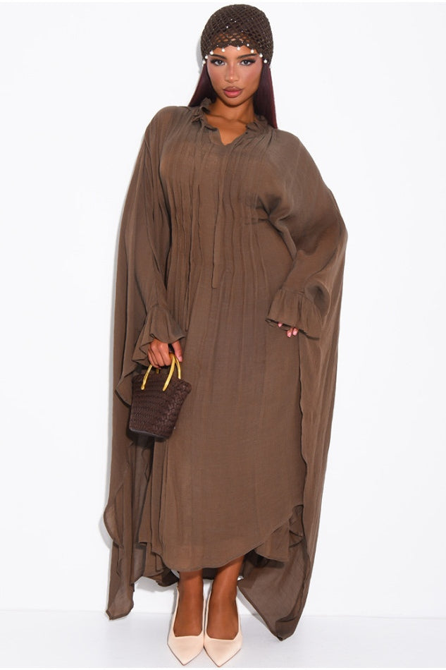Khadija Ruffle Cuff Oversized Midi Kaftan-Brown