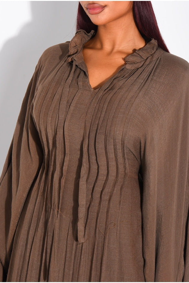 Khadija Ruffle Cuff Oversized Midi Kaftan-Brown