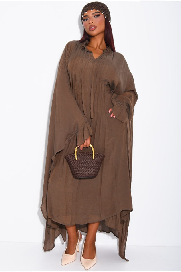 Khadija Ruffle Cuff Oversized Midi Kaftan-Brown