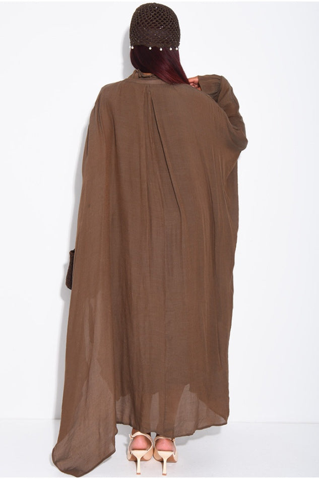 Khadija Ruffle Cuff Oversized Midi Kaftan-Brown