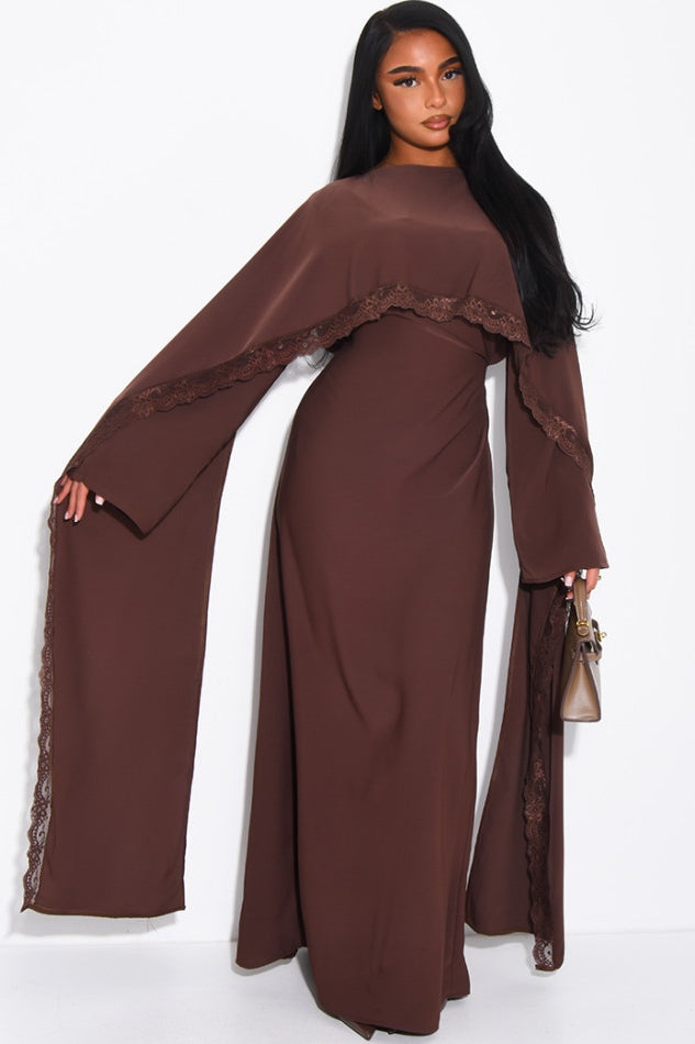 Zainab Lace Cape Wide Sleeve Maxi Abaya-Brown