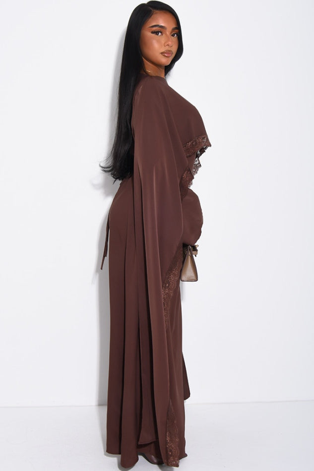 Zainab Lace Cape Wide Sleeve Maxi Abaya-Brown