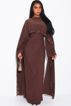 Zainab Lace Cape Wide Sleeve Maxi Abaya-Brown