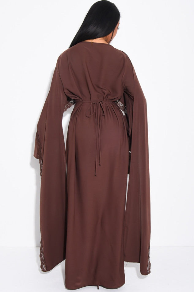Zainab Lace Cape Wide Sleeve Maxi Abaya-Brown