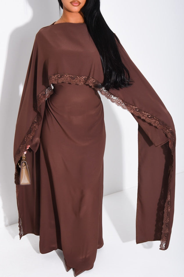 Zainab Lace Cape Wide Sleeve Maxi Abaya-Brown