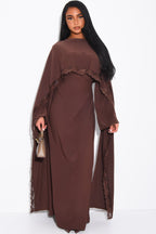 Zainab Lace Cape Wide Sleeve Maxi Abaya-Brown