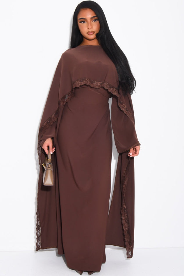 Zainab Lace Cape Wide Sleeve Maxi Abaya-Brown
