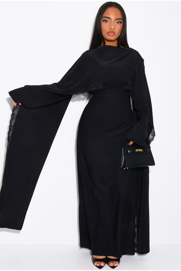 Zainab Lace Cape Wide Sleeve Maxi Abaya-Black