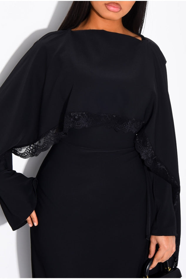 Zainab Lace Cape Wide Sleeve Maxi Abaya-Black