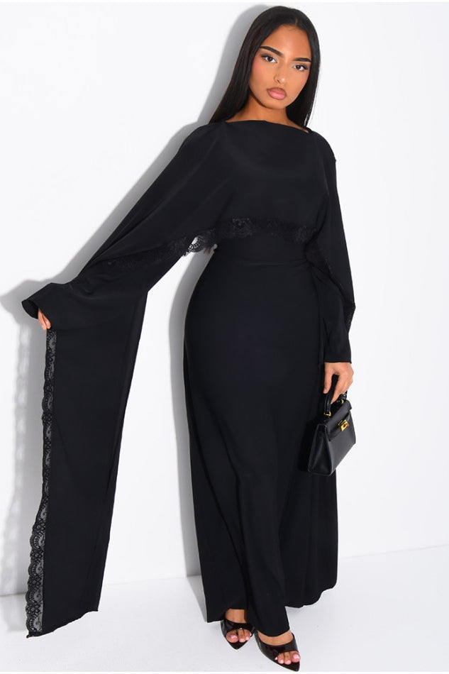 Zainab Lace Cape Wide Sleeve Maxi Abaya-Black