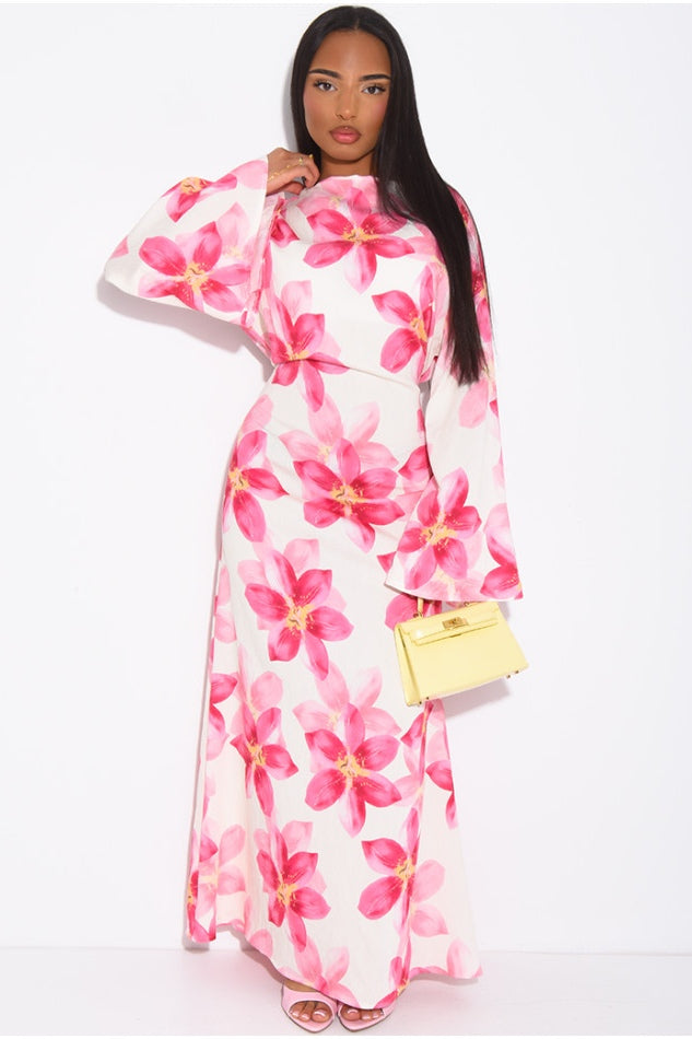 Lila Large Floral Flare Sleeve Maxi Dress-White