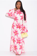 Lila Large Floral Flare Sleeve Maxi Dress-White