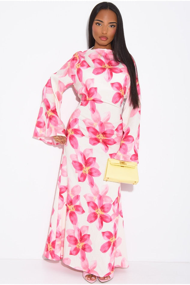 Lila Large Floral Flare Sleeve Maxi Dress-White