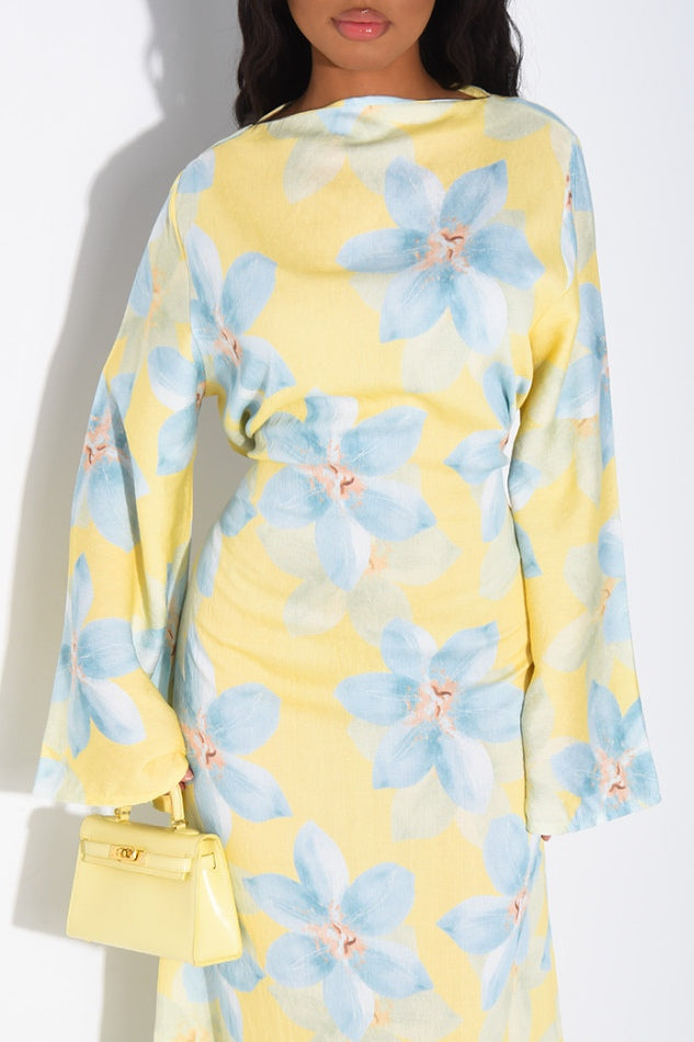 Lila Large Floral Flare Sleeve Maxi Dress-Yellow