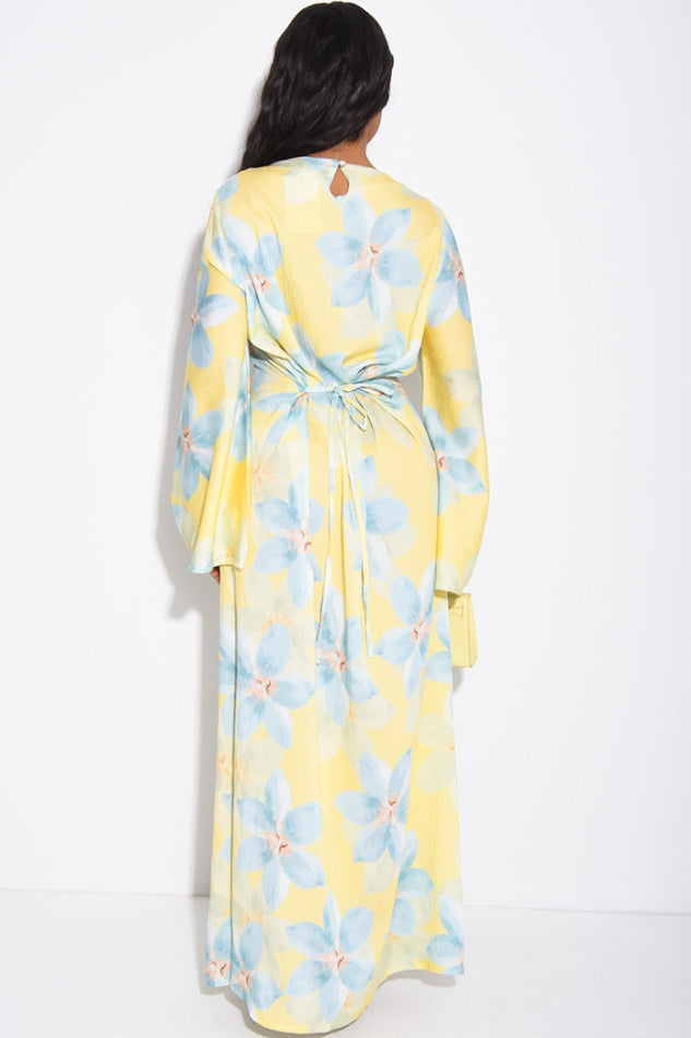 Lila Large Floral Flare Sleeve Maxi Dress-Yellow