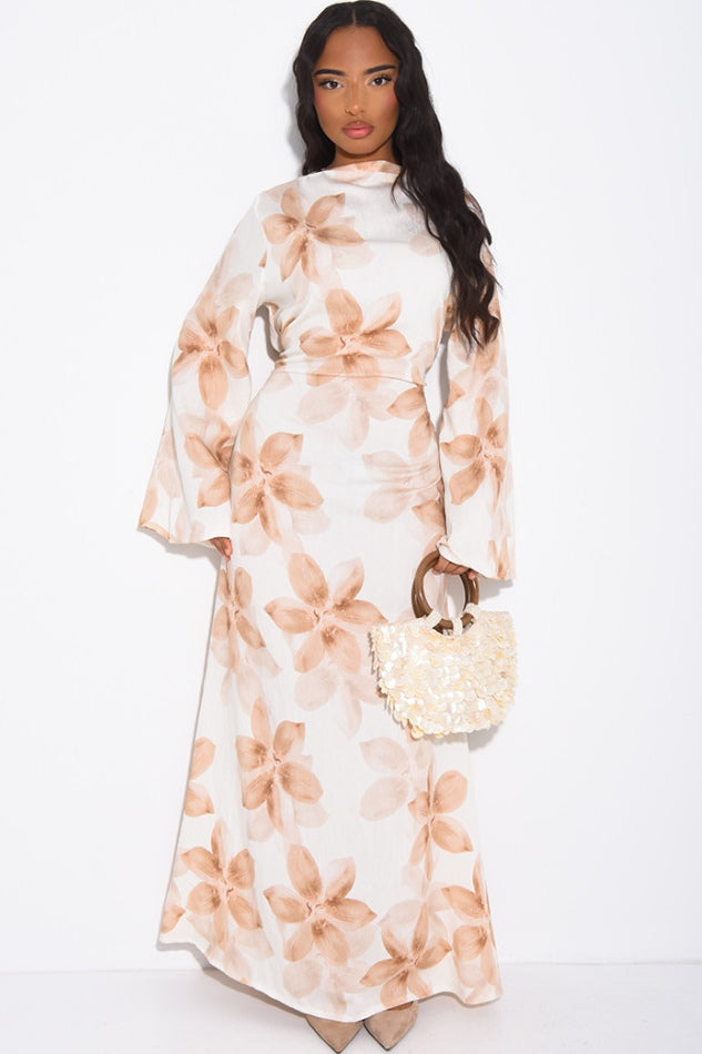 Lila Large Floral Flare Sleeve Maxi Dress-Khaki