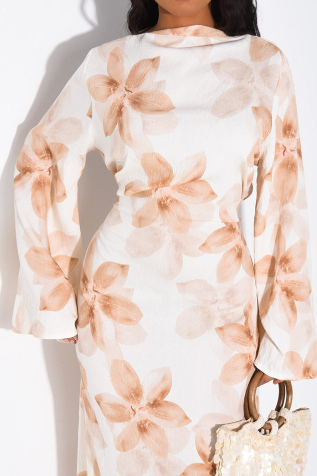 Lila Large Floral Flare Sleeve Maxi Dress-Khaki