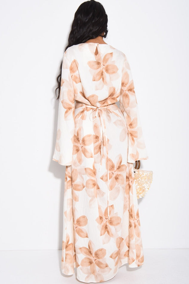 Lila Large Floral Flare Sleeve Maxi Dress-Khaki