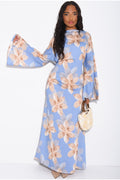 Lila Large Floral Flare Sleeve Maxi Dress-Blue