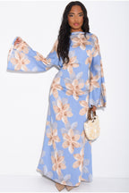 Lila Large Floral Flare Sleeve Maxi Dress-Blue