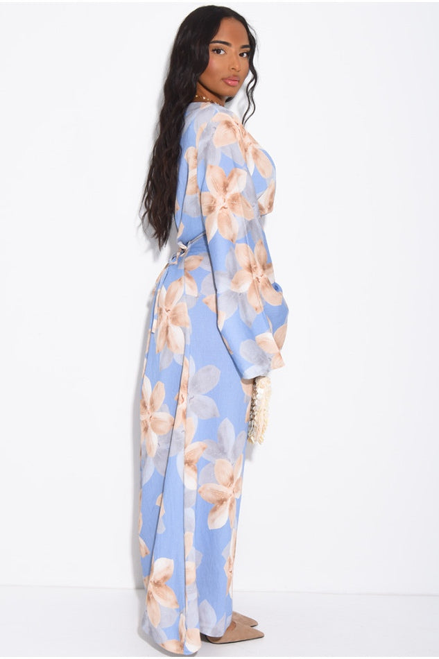 Lila Large Floral Flare Sleeve Maxi Dress-Blue