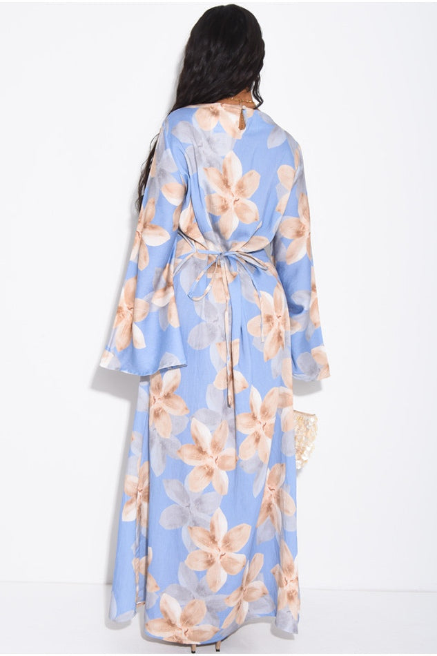 Lila Large Floral Flare Sleeve Maxi Dress-Blue
