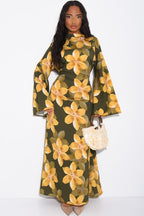 Lila Large Floral Flare Sleeve Maxi Dress-Green