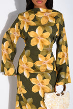 Lila Large Floral Flare Sleeve Maxi Dress-Green