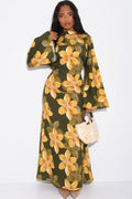 Lila Large Floral Flare Sleeve Maxi Dress-Green