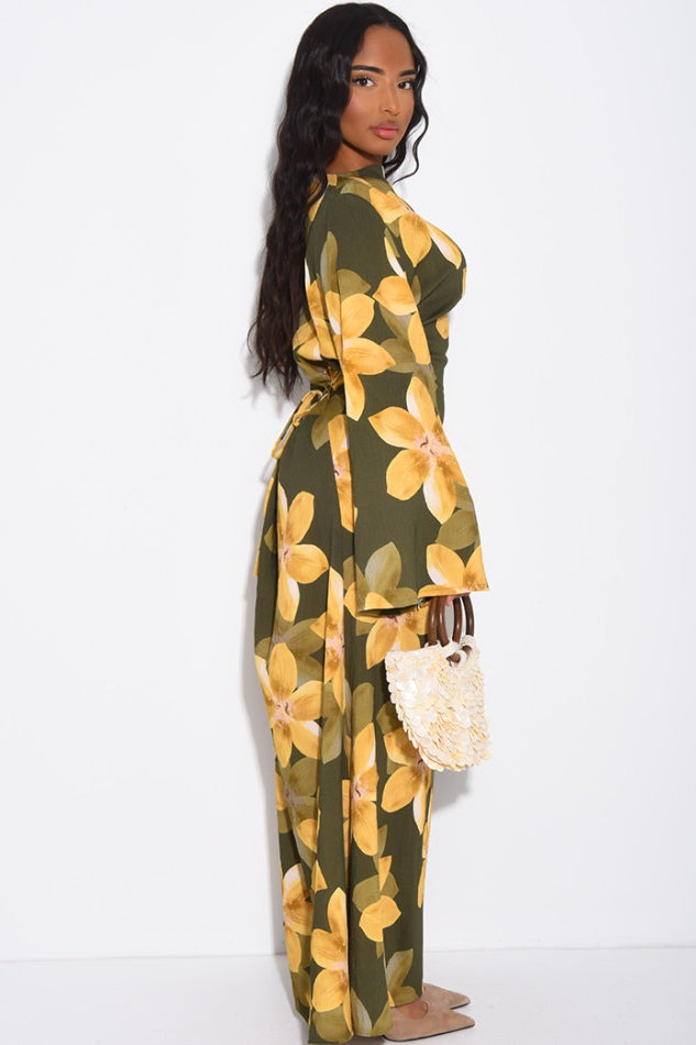 Lila Large Floral Flare Sleeve Maxi Dress-Green