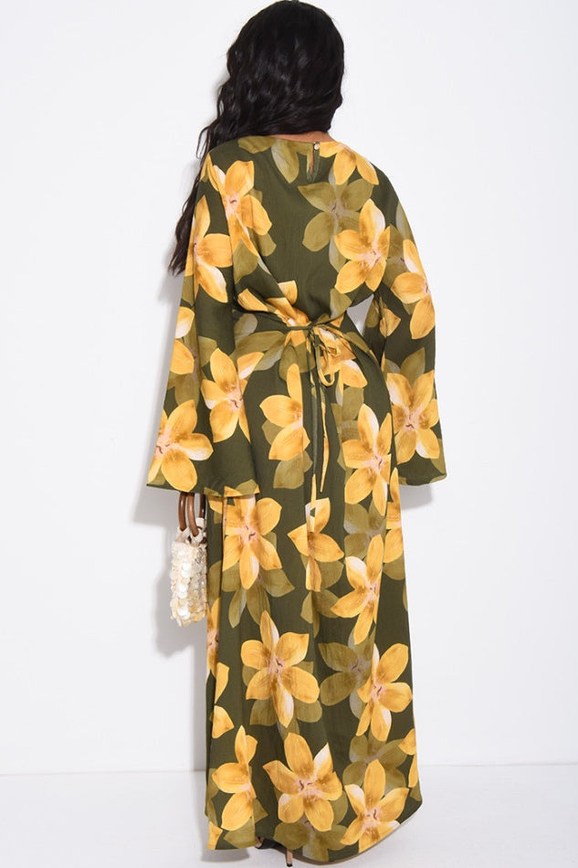 Lila Large Floral Flare Sleeve Maxi Dress-Green