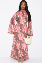 Lila Large Floral Flare Sleeve Maxi Dress-Pink