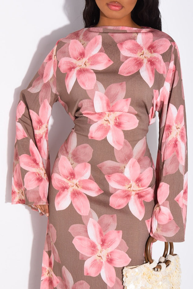 Lila Large Floral Flare Sleeve Maxi Dress-Pink
