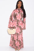 Lila Large Floral Flare Sleeve Maxi Dress-Pink
