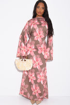 Lila Large Floral Flare Sleeve Maxi Dress-Pink
