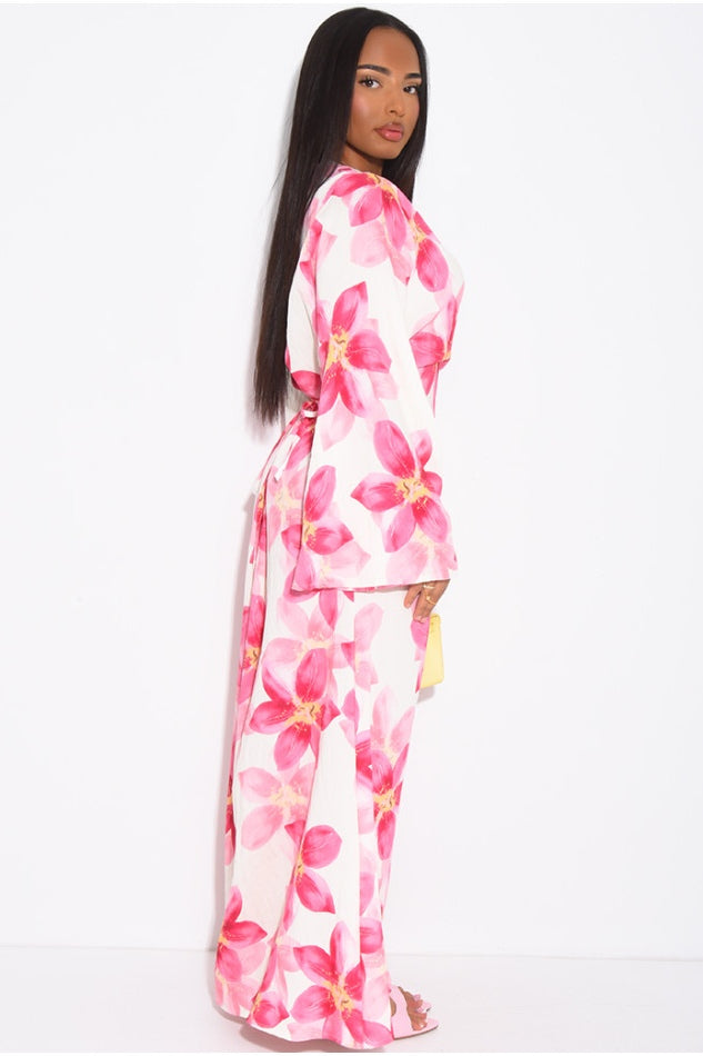 Lila Large Floral Flare Sleeve Maxi Dress-White