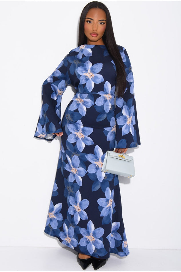 Lila Large Floral Flare Sleeve Maxi Dress-DarkBlue