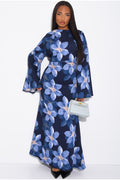 Lila Large Floral Flare Sleeve Maxi Dress-DarkBlue