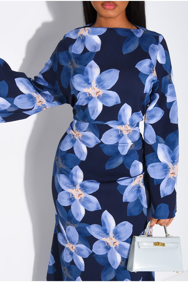 Lila Large Floral Flare Sleeve Maxi Dress-DarkBlue