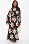Lila Large Floral Flare Sleeve Maxi Dress-Black