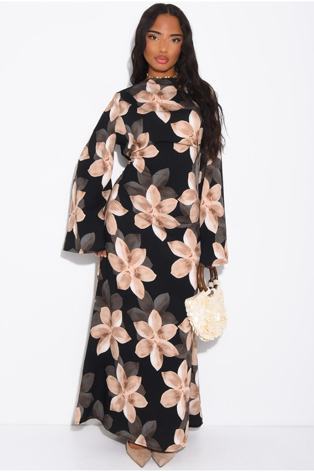 Lila Large Floral Flare Sleeve Maxi Dress-Black