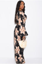 Lila Large Floral Flare Sleeve Maxi Dress-Black